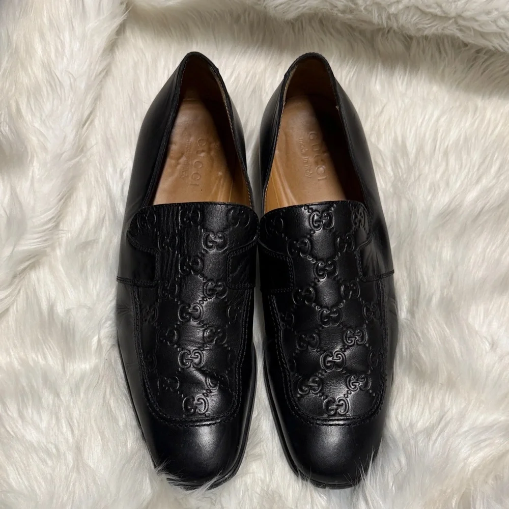 Gucci GG Embossed Black Leather Men's Slip-Ons 9